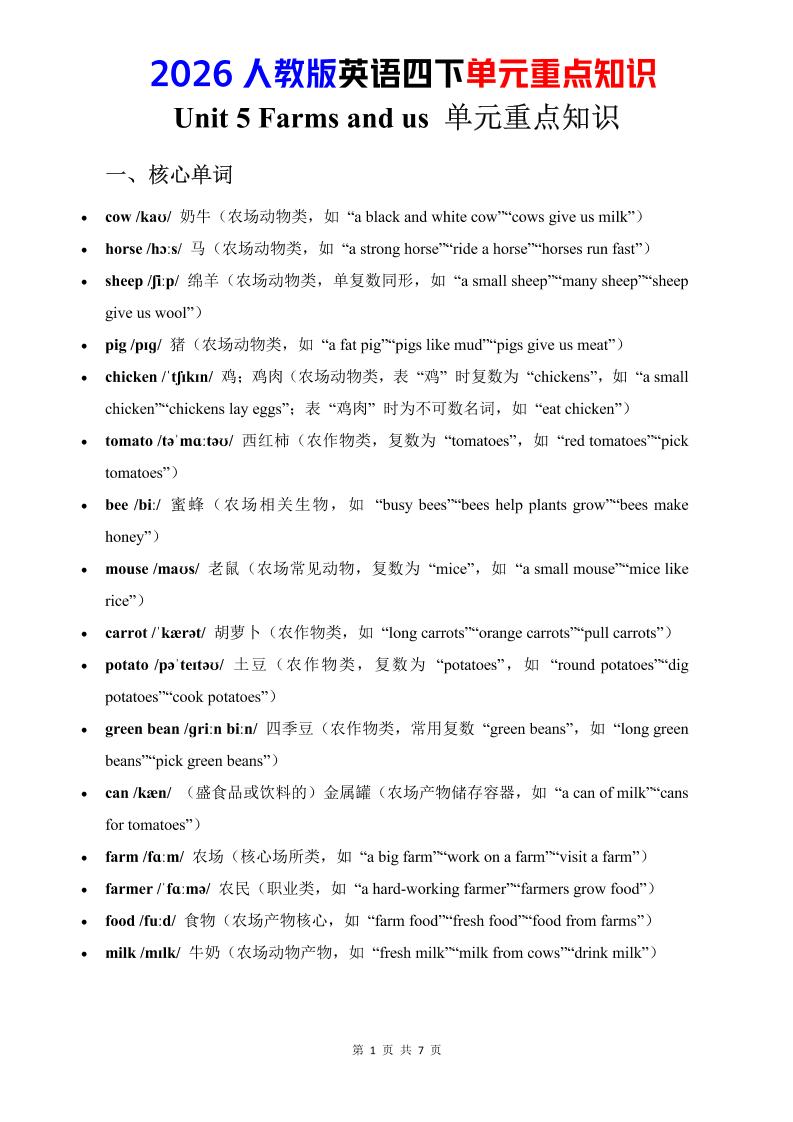四年级下英语Unit5重点知识汇总《人教版PEP》-吾爱自习网