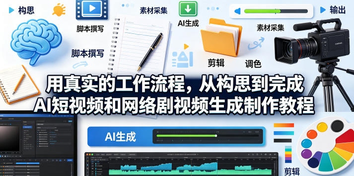 用真实的工作流程，从构思到完成AI短视频和网络剧视频生成制作教程-中英字幕-吾爱自习网