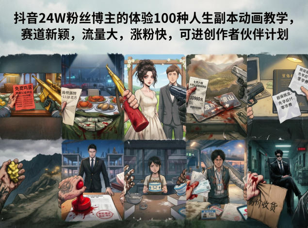 抖音24W粉丝博主的体验100种人生副本动画教学，赛道新颖，流量大，涨粉快，可进创作者伙伴计划福星网赚创业资源-网赚项目-副业赚钱-互联网创业-资源整合福星网赚资源