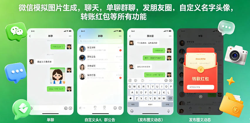 微信模拟图片生成，聊天，单聊群聊，发朋友圈，自定义名字头像，转账红包等所有功能都可以生成-吾爱自习网