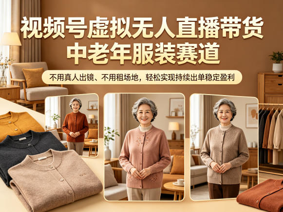 视频号虚拟无人直播带货中老年服装赛道,不用真人出镜、不用租场地,轻松实现持续出单稳定盈利-皮皮网创