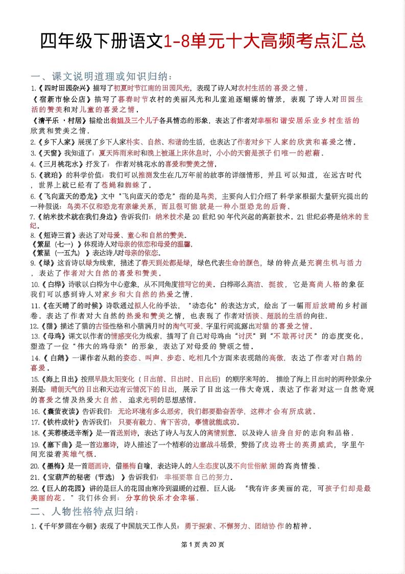 四年级下语文1-8单元十大高频考点汇总福星网赚创业资源-网赚项目-副业赚钱-互联网创业-资源整合福星网赚资源