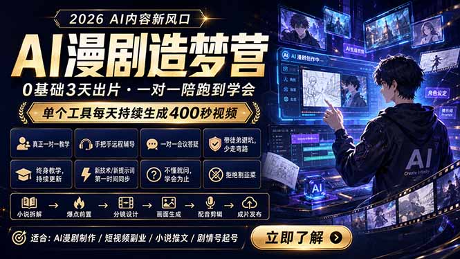 AI漫剧造梦营：0基础3天出片，单个工具每天持续生成400秒视频福星网赚创业资源-网赚项目-副业赚钱-互联网创业-资源整合福星网赚资源