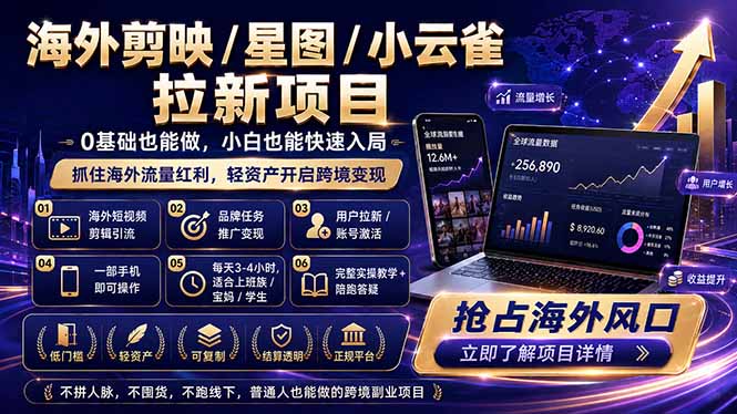 海外剪映 / 星图 / 小云雀拉新项目 普通人也能上手的跨境流量变现副业-喜学网