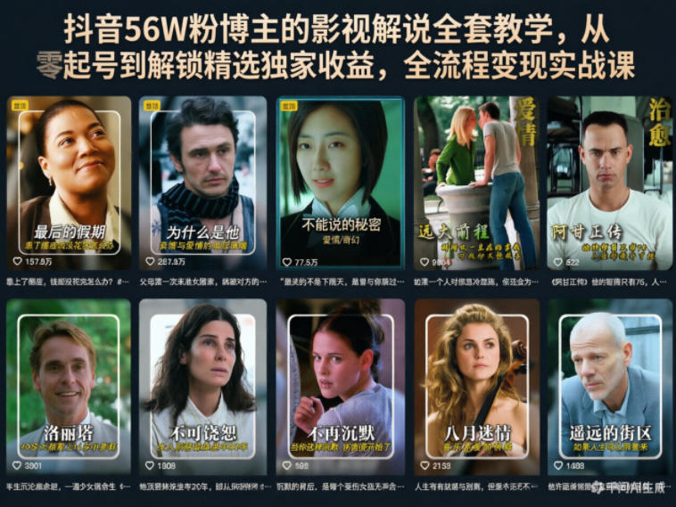 抖音56W粉博主的影视解说全套教学，从零起号到解锁精选独家收益，全流程变现实战课福星网赚创业资源-网赚项目-副业赚钱-互联网创业-资源整合福星网赚资源