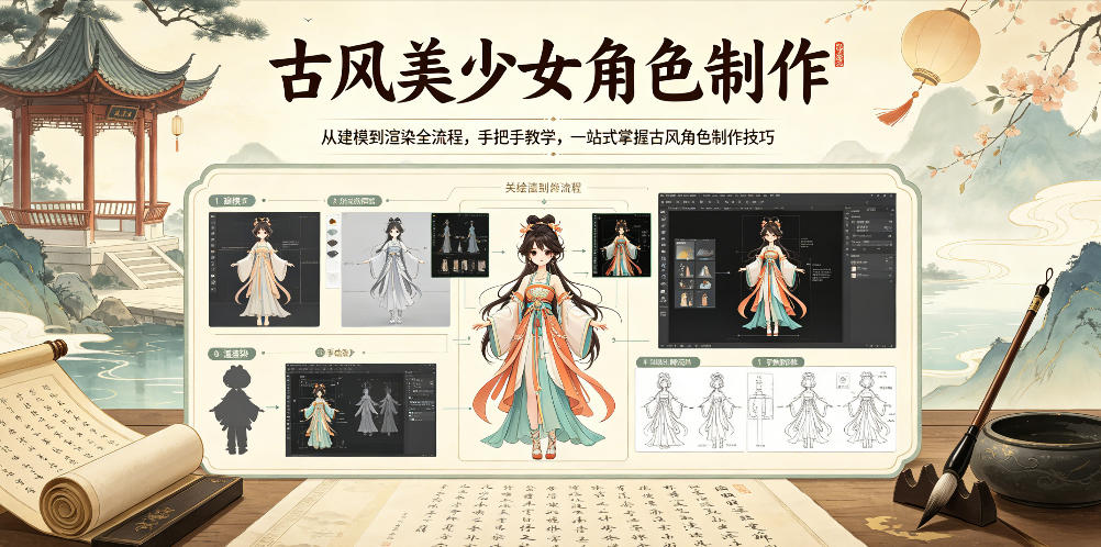 古风美少女角色制作，从建模到渲染全流程，手把手教学，一站式掌握古风角色制作技巧福星网赚创业资源-网赚项目-副业赚钱-互联网创业-资源整合福星网赚资源