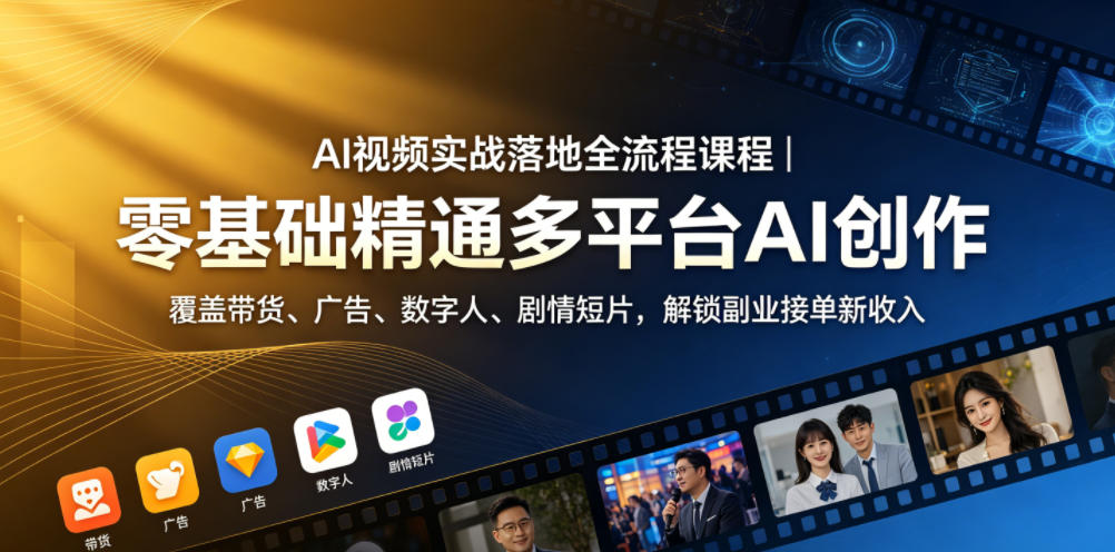 AI视频实战落地全流程课程｜零基础精通多平台AI创作，覆盖带货、广告、数字人、剧情短片，解锁副业接单新收入-吾爱自习网