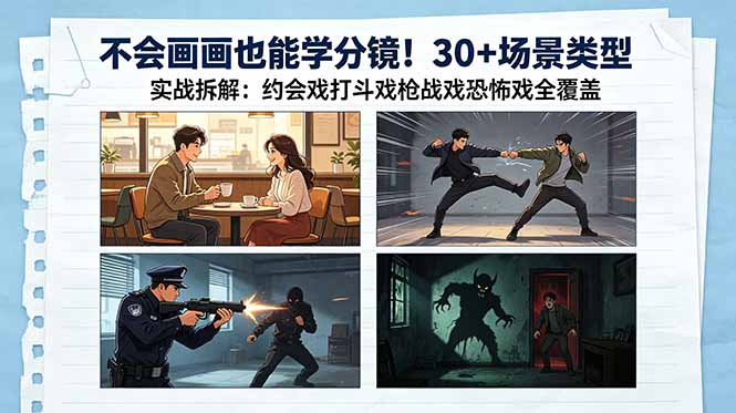 不会画画也能学分镜！30+场景类型实战拆解：约会戏打斗戏枪战戏恐怖戏全覆盖福星网赚创业资源-网赚项目-副业赚钱-互联网创业-资源整合福星网赚资源