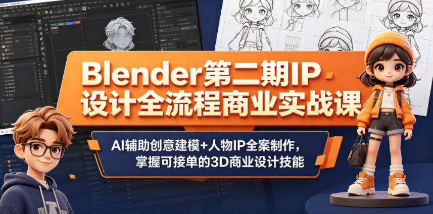 Blender第二期IP设计全流程商业实战课，AI辅助创意建模+人物IP全案制作，掌握可接单的3D商业设计技能-旺仔资源库