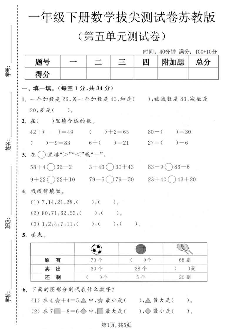 一年级下数学第五单元拔尖测试卷《苏教版》福星网赚创业资源-网赚项目-副业赚钱-互联网创业-资源整合福星网赚资源