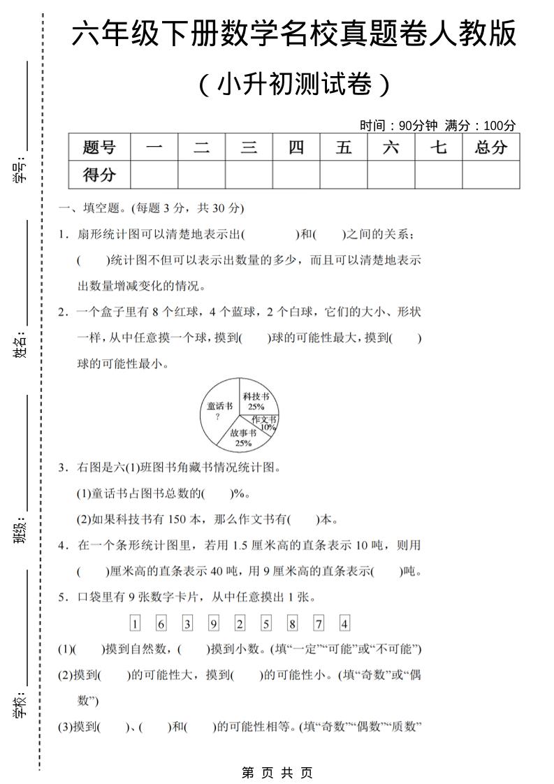 六年级下数学期末小升初名校真题卷《人教版》福星网赚创业资源-网赚项目-副业赚钱-互联网创业-资源整合福星网赚资源
