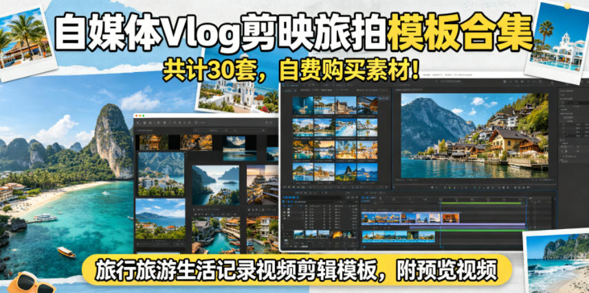自媒体Vlog剪映旅拍模板合集，共计30套，自费购买素材！旅行旅游生活记录视频剪辑模板，附预览视频福星网赚创业资源-网赚项目-副业赚钱-互联网创业-资源整合福星网赚资源