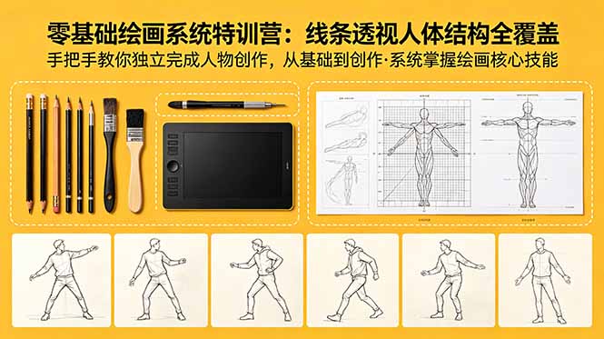 零基础绘画系统特训营：线条透视人体结构全覆盖，手把手教你独立完成人物创作-知梦网创