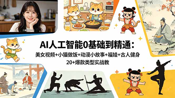 AI人工智能0基础到精通：美女视频+小猫做饭+动漫小故事+福娃+古人健身，20+爆款类型实战教学