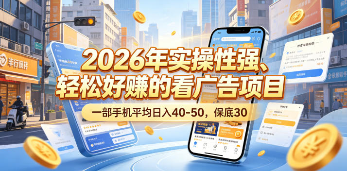 2026年实操性强、轻松好賺的看广告项目，一部手机平均日入40-50，保底30米【揭秘】-摇钱树