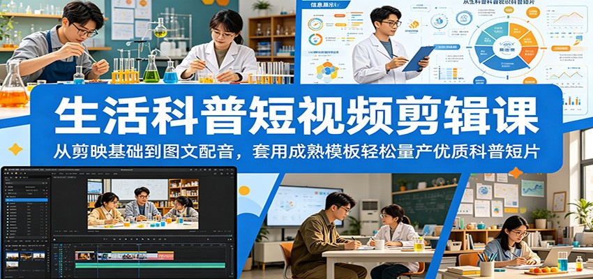 生活科普短视频剪辑课：从剪映基础到图文配音，套用成熟模板轻松量产优质科普短片-喜学网