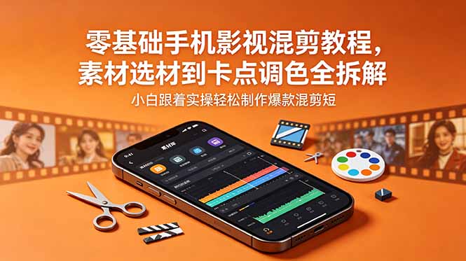 零基础手机影视混剪教程，素材选材到卡点调色全拆解，小白跟着实操轻松制作爆款混剪短片-喜学网
