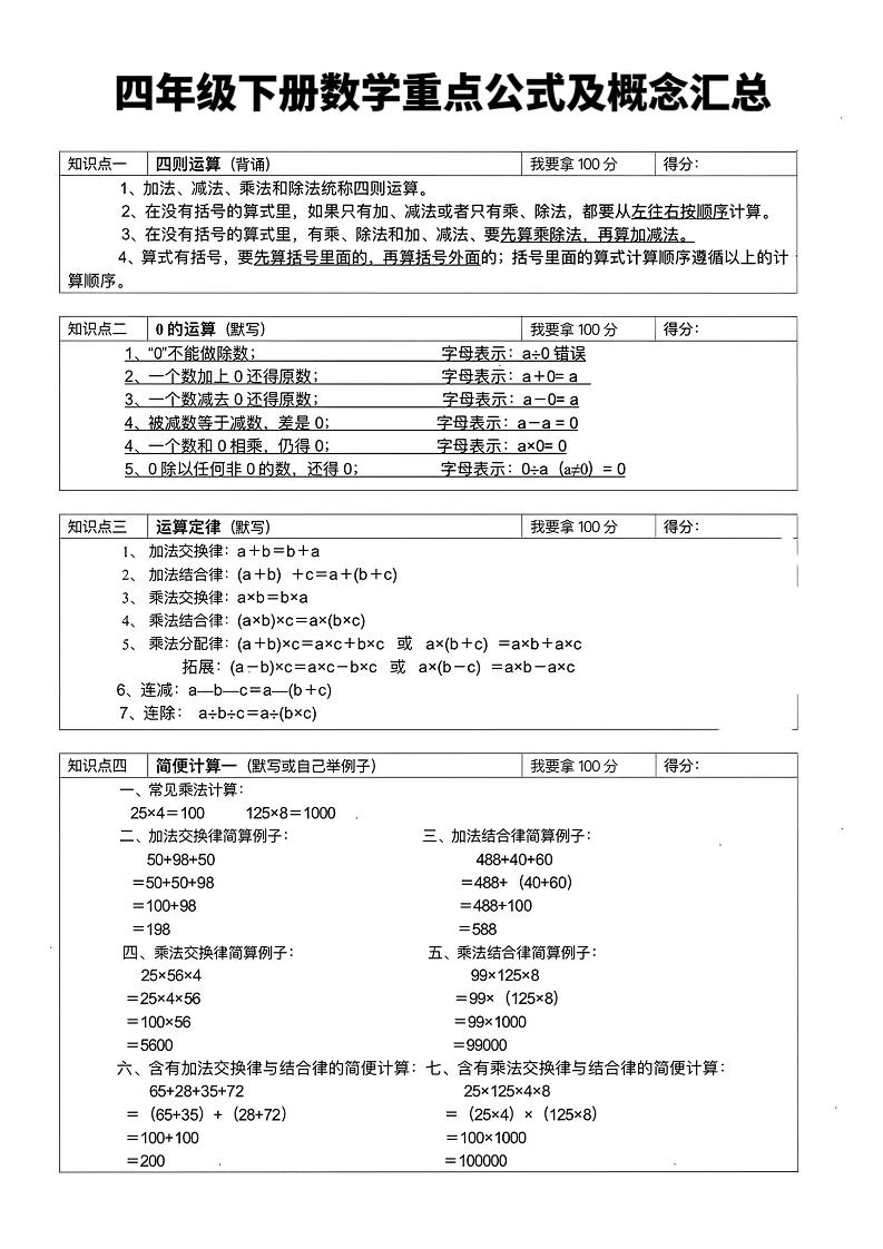 四年级下数学重点公式及概念汇总-新时光资源网
