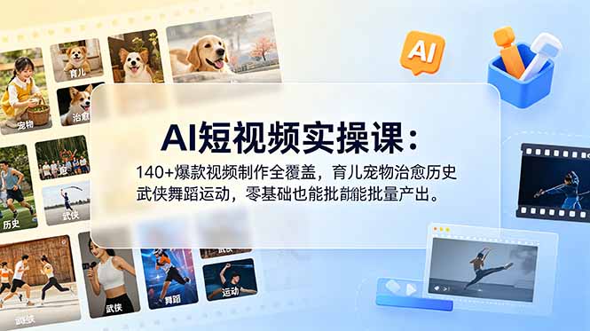 AI短视频实操课：140+爆款视频制作全覆盖，育儿宠物治愈历史武侠舞蹈运动，零基础也能批量产出-新时光资源网