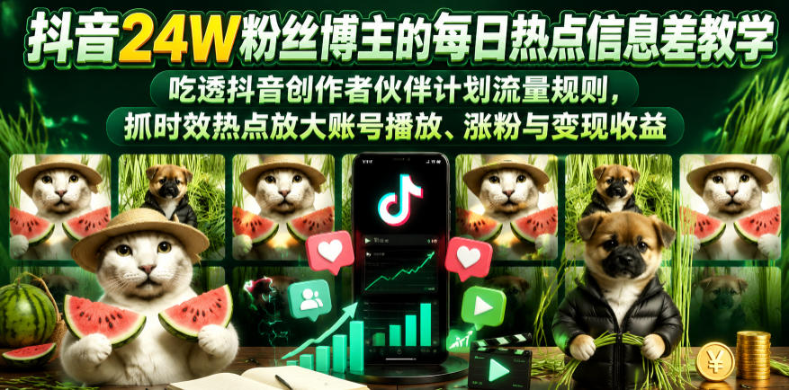 抖音24W粉丝博主的每日热点信息差教学，吃透创作者伙伴计划流量规则，抓时效热点放大账号播放、涨粉与变现收益-吾爱自习网