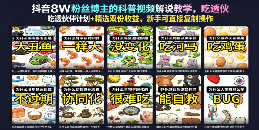 抖音8W粉丝博主的科普视频解说教学，吃透伙伴计划+精选双份收益，新手可直接复制操作-新时光资源网
