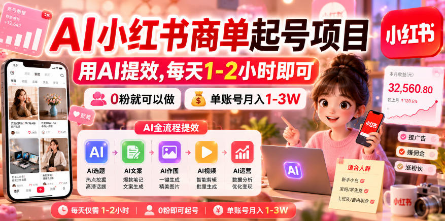 AI小红书商单起号项目，用AI提效,每天1-2小时即可，0粉就可以做，单账号月入1-3W-皮皮网创