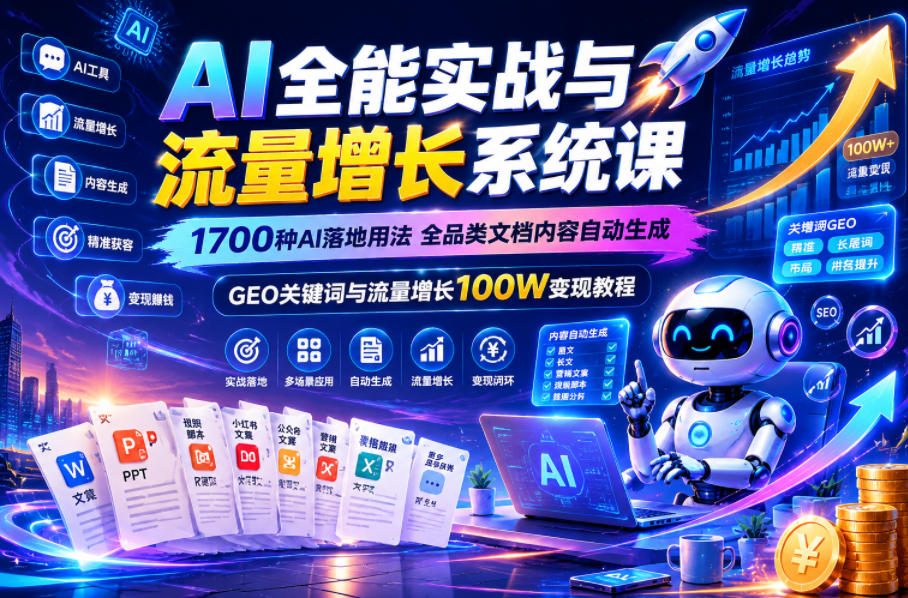AI全能实战与流量增长系统课，1700种AI落地用法，全品类文档内容自动生成，GEO关键词与流量增长100W变现教程-新时光资源网