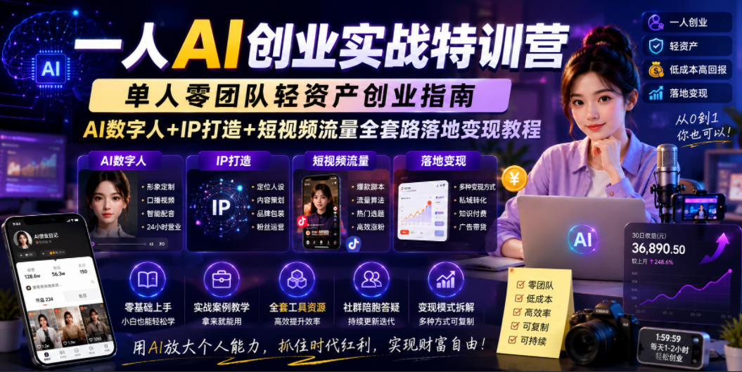 一人AI创业实战特训营，单人零团队轻资产创业指南，AI数字人+IP打造+短视频流量全套路落地变现教程-新时光资源网