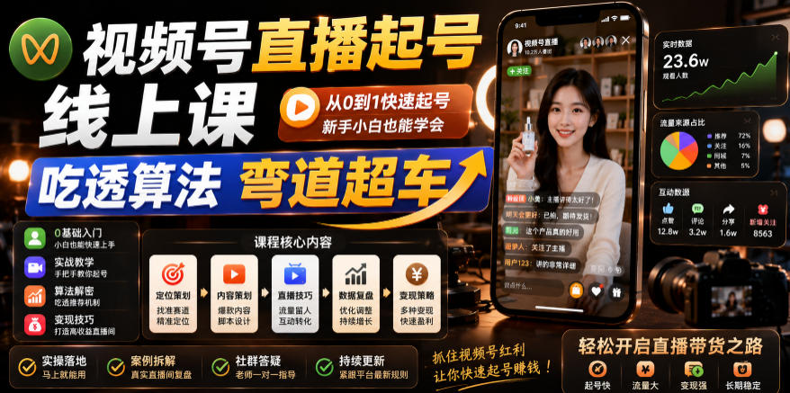 视频号直播起号线上课，吃透算法弯道超车(2026年6月)-吾爱自习网