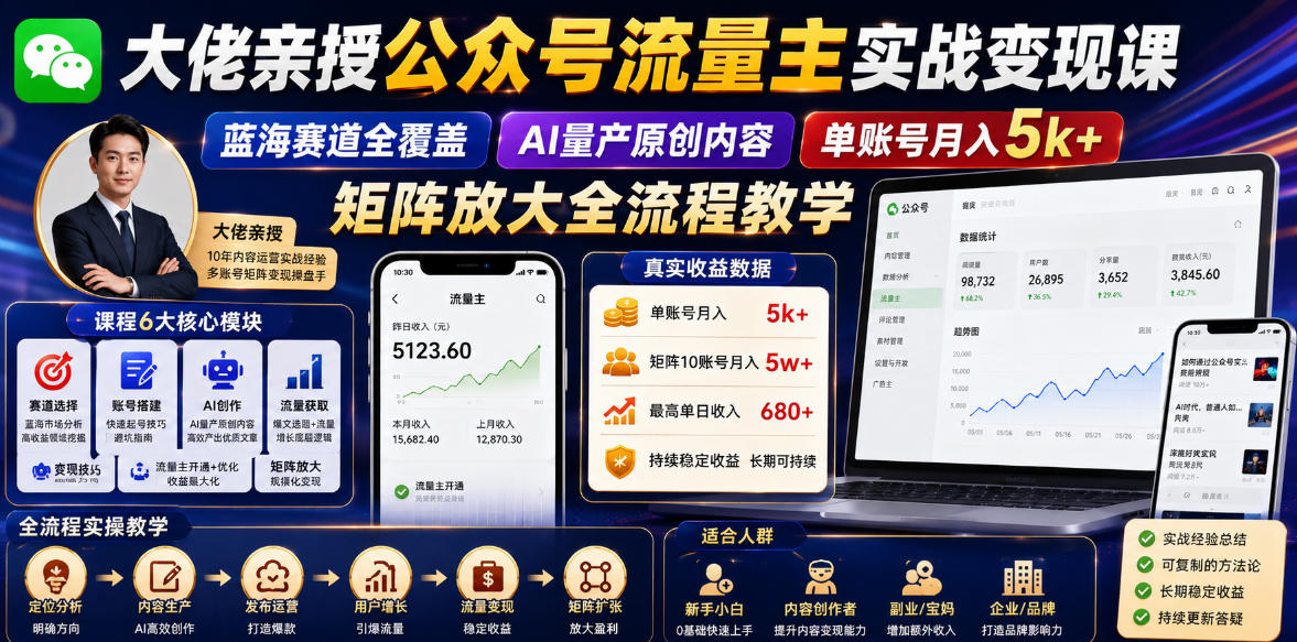 大佬亲授公众号流量主实战变现课，蓝海赛道全覆盖，AI量产原创内容，单账号月入5k+矩阵放大全流程教学-吾爱自习网