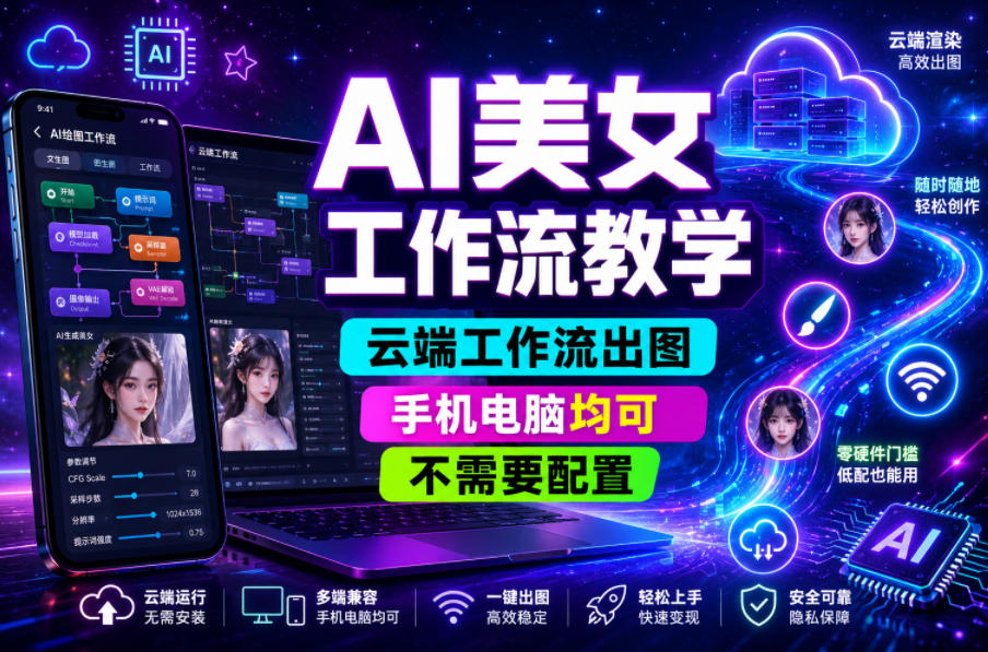 AI美女工作流教学，云端工作流出图，手机电脑均可，不需要配置，快速起号涨粉-新时光资源网