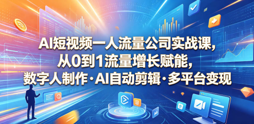 AI短视频一人流量公司实战课,从0到1流量增长赋能,数字人制作・AI自动剪辑・多平台变现,一人做流量生意全落地教程-小艾项目网