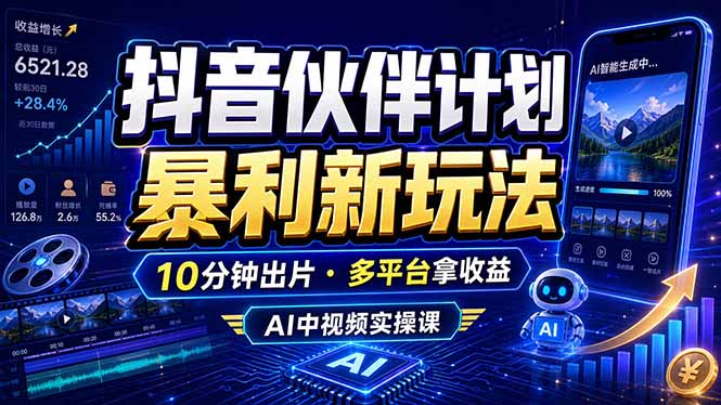 抖音伙伴计划最新玩法,无需配音剪辑,10分钟出一条原创视频,轻松日入三位数-旺仔资源库