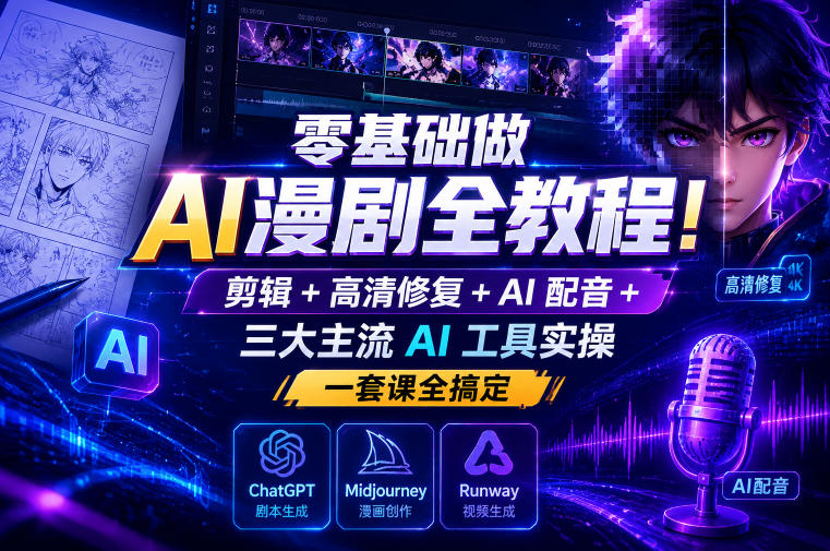 零基础做AI漫剧全教程！剪辑+高清修复+AI配音+三大主流AI工具实操，一套课全搞定汇通分享-分享轻创项目-网络创业-项目实操-兼职-网赚-副业-抖音-快手-小红书-闲鱼-视频号-直播-短视频-中视频-带货-短剧-游戏搬砖-引流等教程课程分享汇通分享
