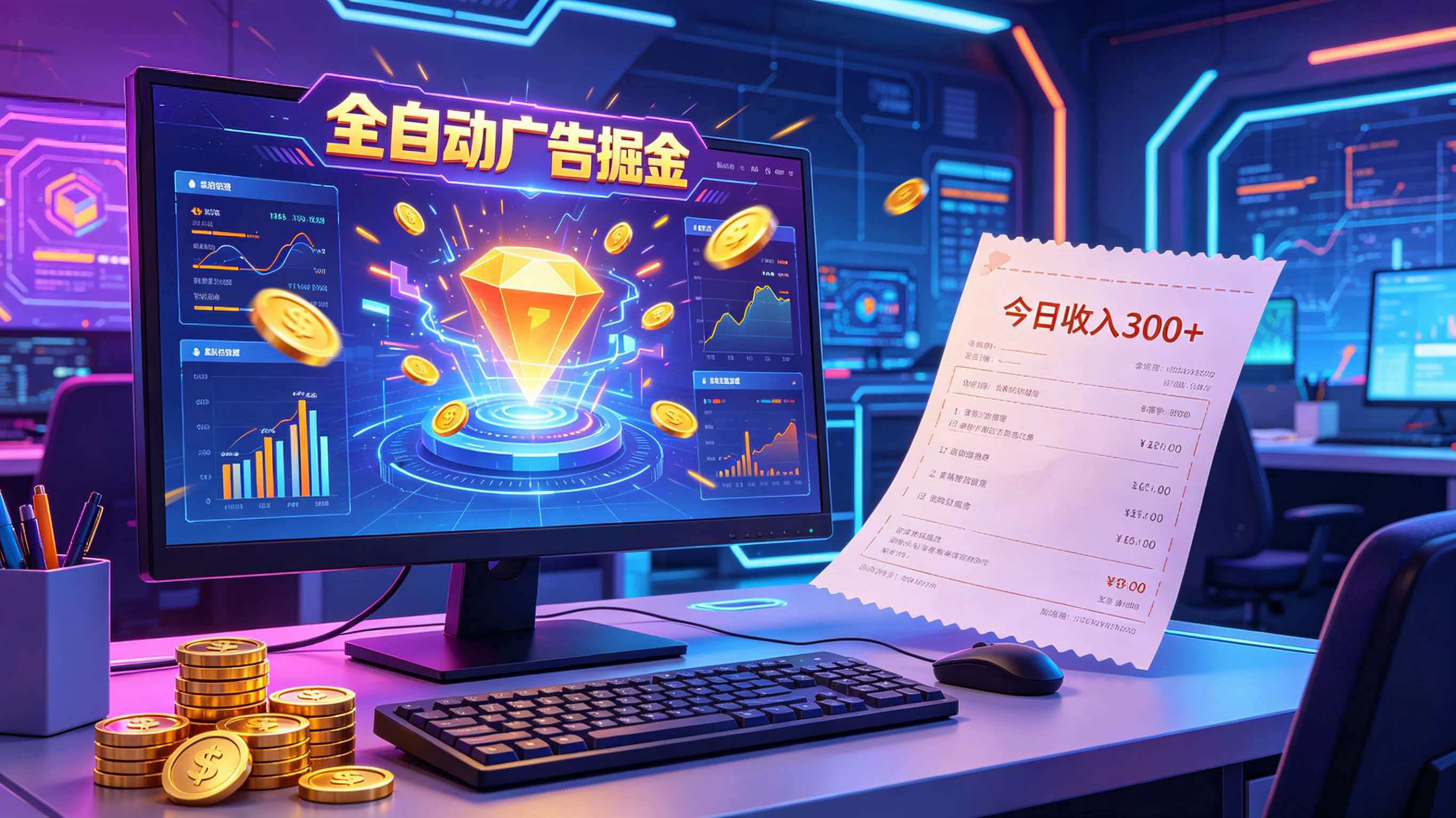 全自动广告掘金，日入300+。全程Ai自动化运行，解放双手，时间自由。收益稳定-吾爱自习网