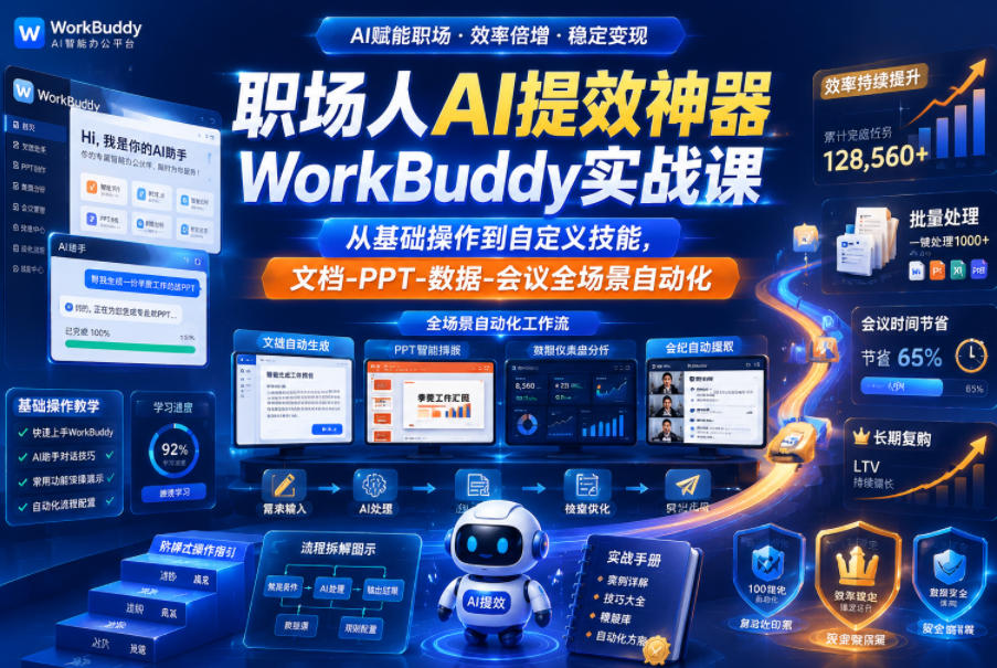 职场人AI提效神器WorkBuddy实战课，从基础操作到自定义技能，文档-PPT-数据-会议全场景自动化-吾爱自习网
