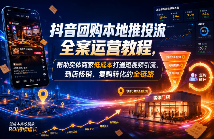 抖音团购本地推投流全案运营教程，帮助实体商家低成本打通短视频引流、到店核销、复购转化的全链路-小艾项目网