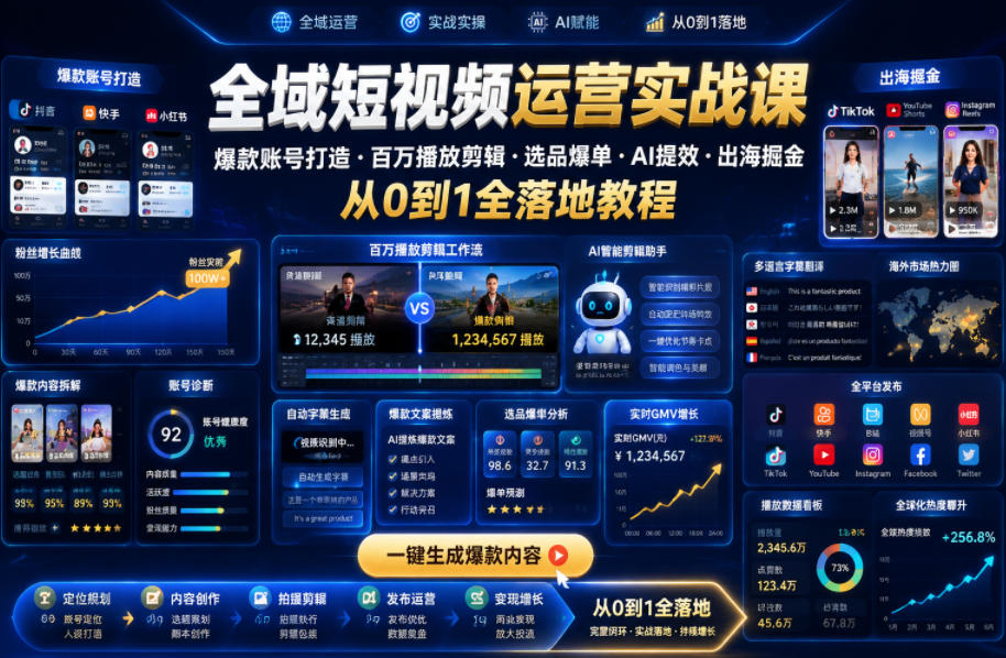 全域短视频运营实战课，爆款账号打造・百万播放剪辑・选品爆单・AI提效・出海掘金，从0到1全落地教程-喜学网