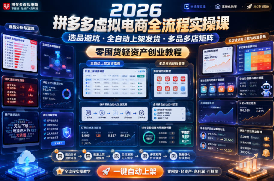 2026拼多多虚拟电商全流程实操课，选品避坑・全自动上架发货・多品多店矩阵，零囤货轻资产创业教程-喜学网