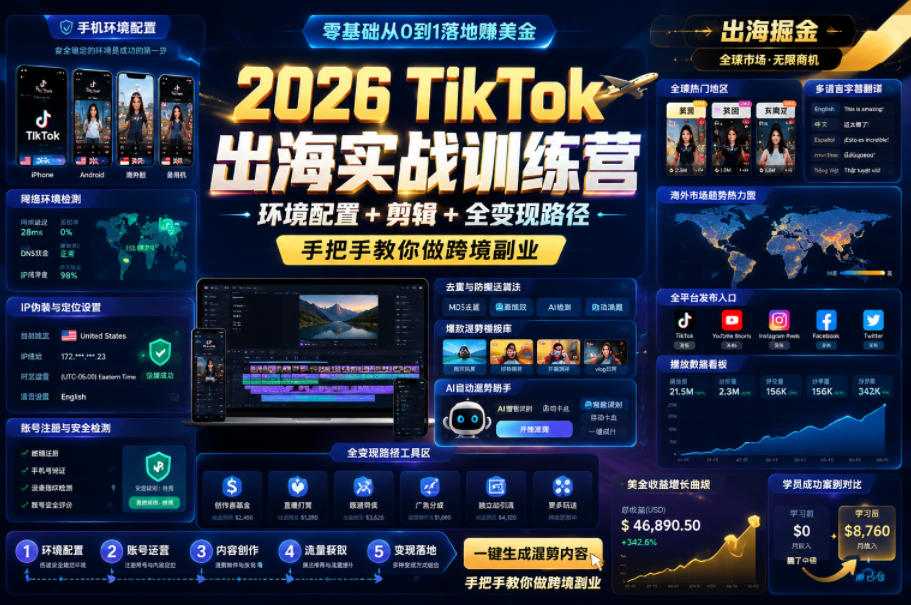 2026 TikTok出海实战训练营,环境配置 + 剪辑 + 全变现路径,手把手教你做跨境副业-旺仔资源库