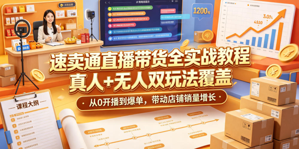 速卖通直播带货全实战教程，真人+无人双玩法覆盖，从0开播到爆单，带动店铺销量增长-吾爱自习网