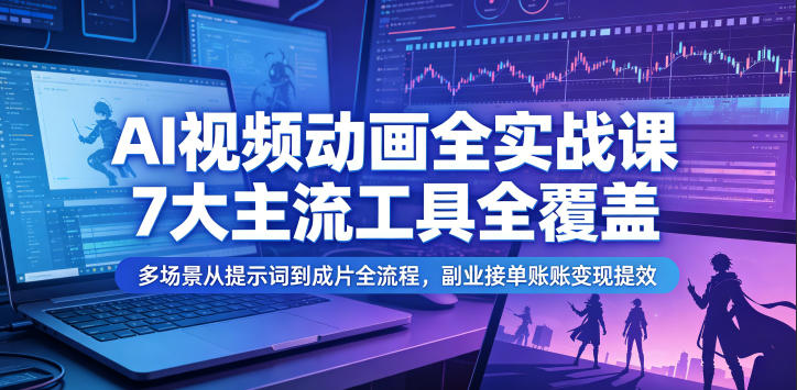 AI视频动画全实战课，7大主流工具全覆盖，多场景从提示词到成片全流程，副业接单账号变现提效-旺仔资源库