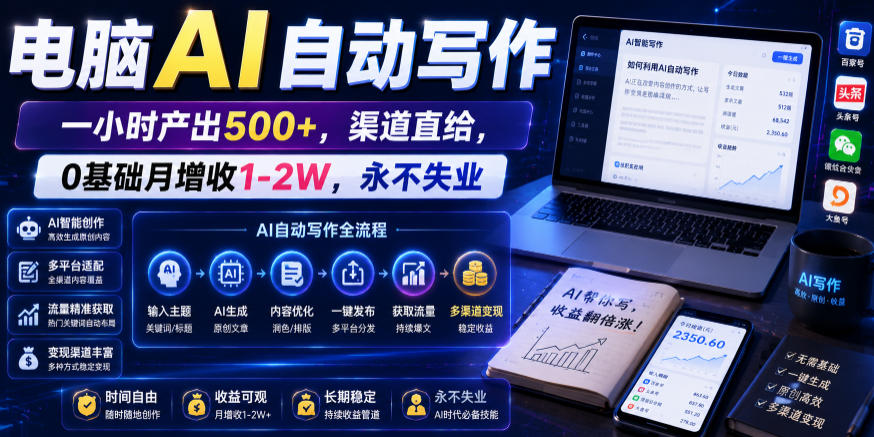 电脑AI自动写作，一小时产出500+，渠道直给，0基础月增收1-2W，永不失业【揭秘】-我爱发帖