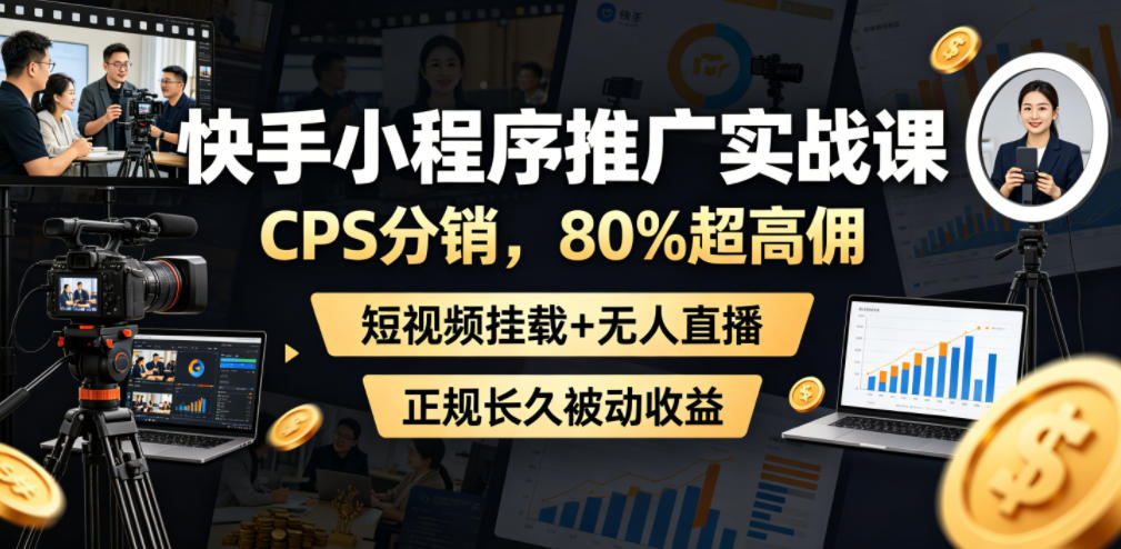 快手小程序推广实战课,CPS分销,80%超高佣,短视频挂载+无人直播,正规长久被动收益-旺仔资源库