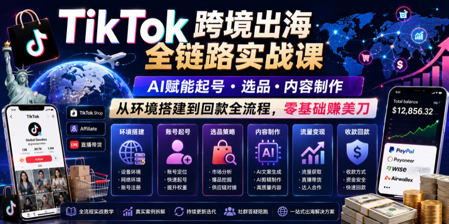 TikTok跨境出海全链路实战课，AI赋能起号・选品・内容制作，从环境搭建到回款全流程，零基础賺美刀-我爱发帖