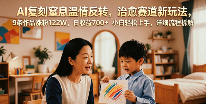AI复刻窒息温情反转,治愈赛道新玩法,9条作品涨粉122W,日收益700+ 小白轻松上手,详细流程拆解汇通分享-分享轻创项目-网络创业-项目实操-兼职-网赚-副业-抖音-快手-小红书-闲鱼-视频号-直播-短视频-中视频-带货-短剧-游戏搬砖-引流等教程课程分享汇通分享