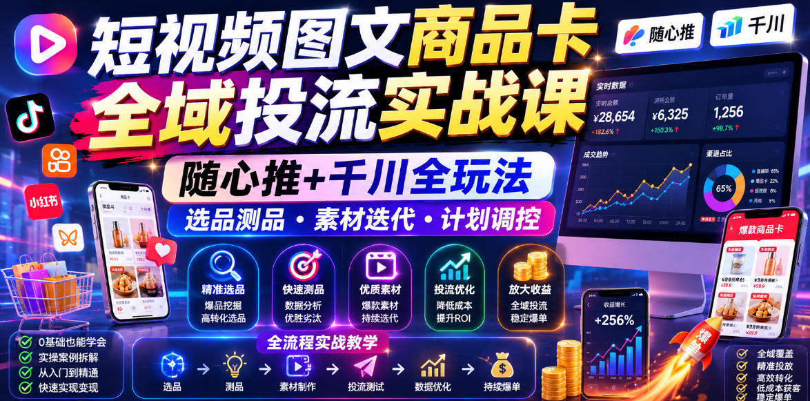 短视频图文商品卡全域投流实战课,随心推+千川全玩法,选品测品・素材迭代・计划调控,提升ROI爆单增收教程-旺仔资源库