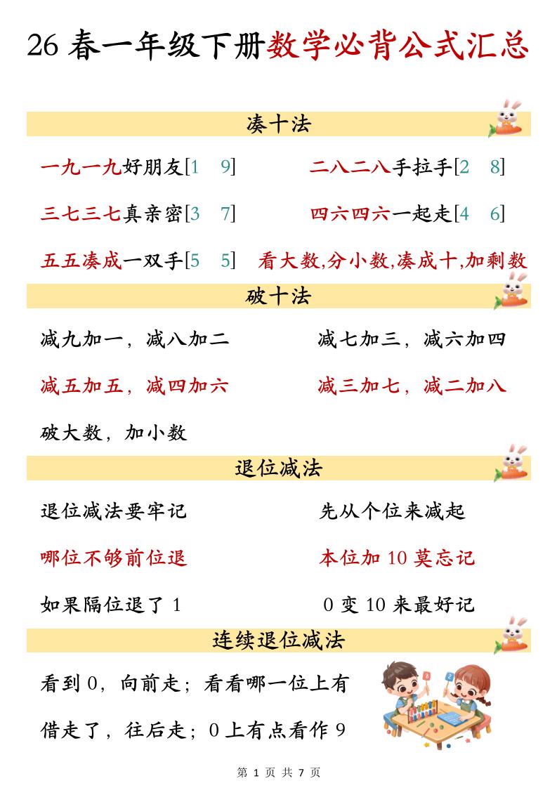 26春一年级下数学期末必背公式汇总-新时光资源网