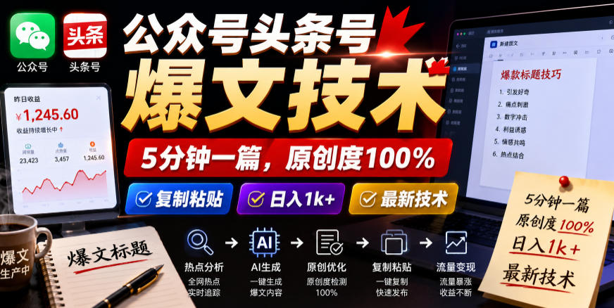 公众号头条号爆文技术,5分钟一篇,原创度100%,复制粘贴,日入1k+,最新技术【揭秘】-知梦网创