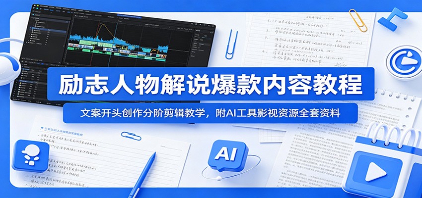 励志人物解说爆款内容教程：文案开头创作分阶剪辑教学，附AI 工具影视资源全套资料-吾爱自习网